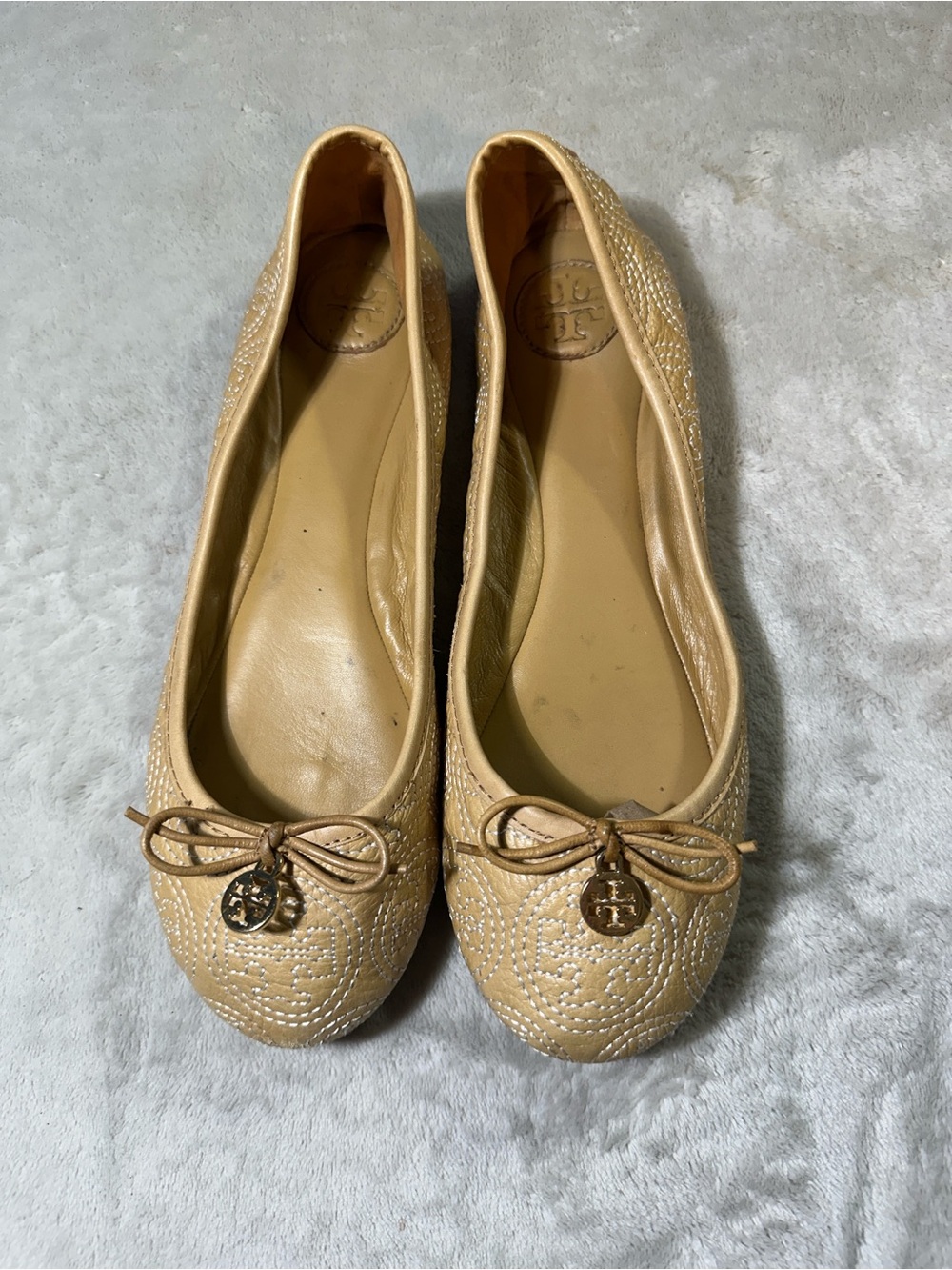 Tory Burch Quilted Tan Leather Ballet Flats with Logo Charm